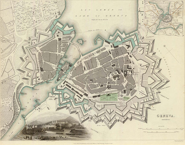 Plano de Ginebra (Suiza) y sus alrededores en 1841