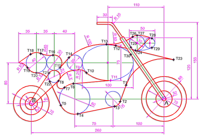 Dibujo de una moto con enlaces